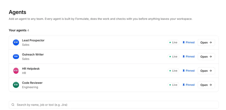 The Agents page in the Formulate app: four agents hired into Sales, HR and Engineering, each live and pinned, above a search across every agent.