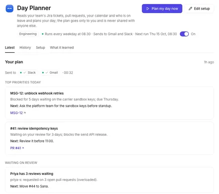 Day Planner in the Formulate app: today's plan for an engineering manager, sent to Slack and Gmail, with top priorities, a pull request waiting on review and the next step for each.